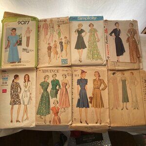 Lot of 8 rare vintage dress patterns for 36" bust. 1930s, 1940s, 1960s, 1970s